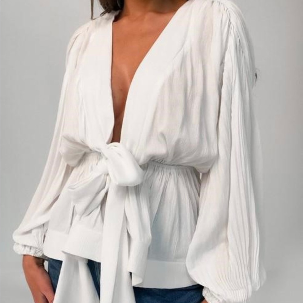 White Cheesecloth Plunge Blouse
